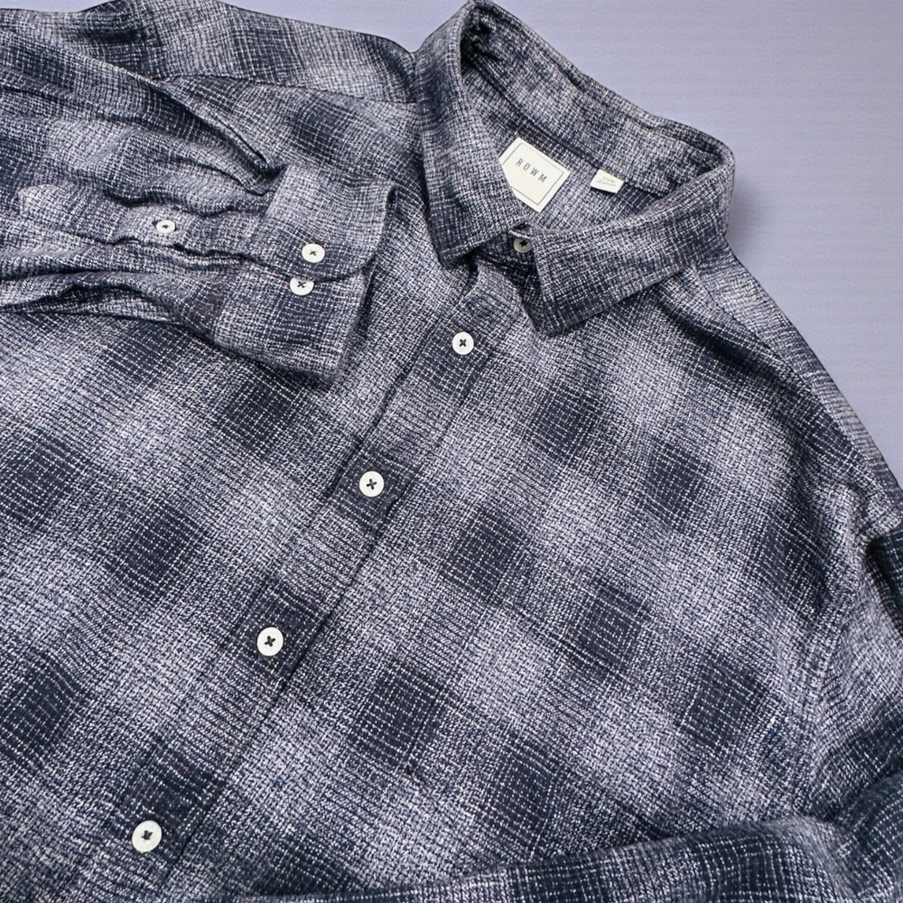 ROHM Mens Size 2 XB Plaid Button Up Long Sleeve Shirt Dark Gray White Casual